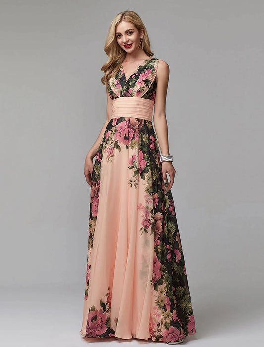 Woman wearing a floral A-line V-neck chiffon gown, posing gracefully.