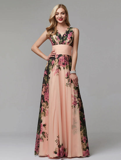 Woman in a floral A-line V-neck chiffon gown, walking outdoors.