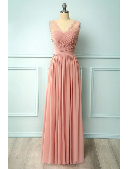 Elegant A-Line V-neck floral chiffon homecoming dress in pink.