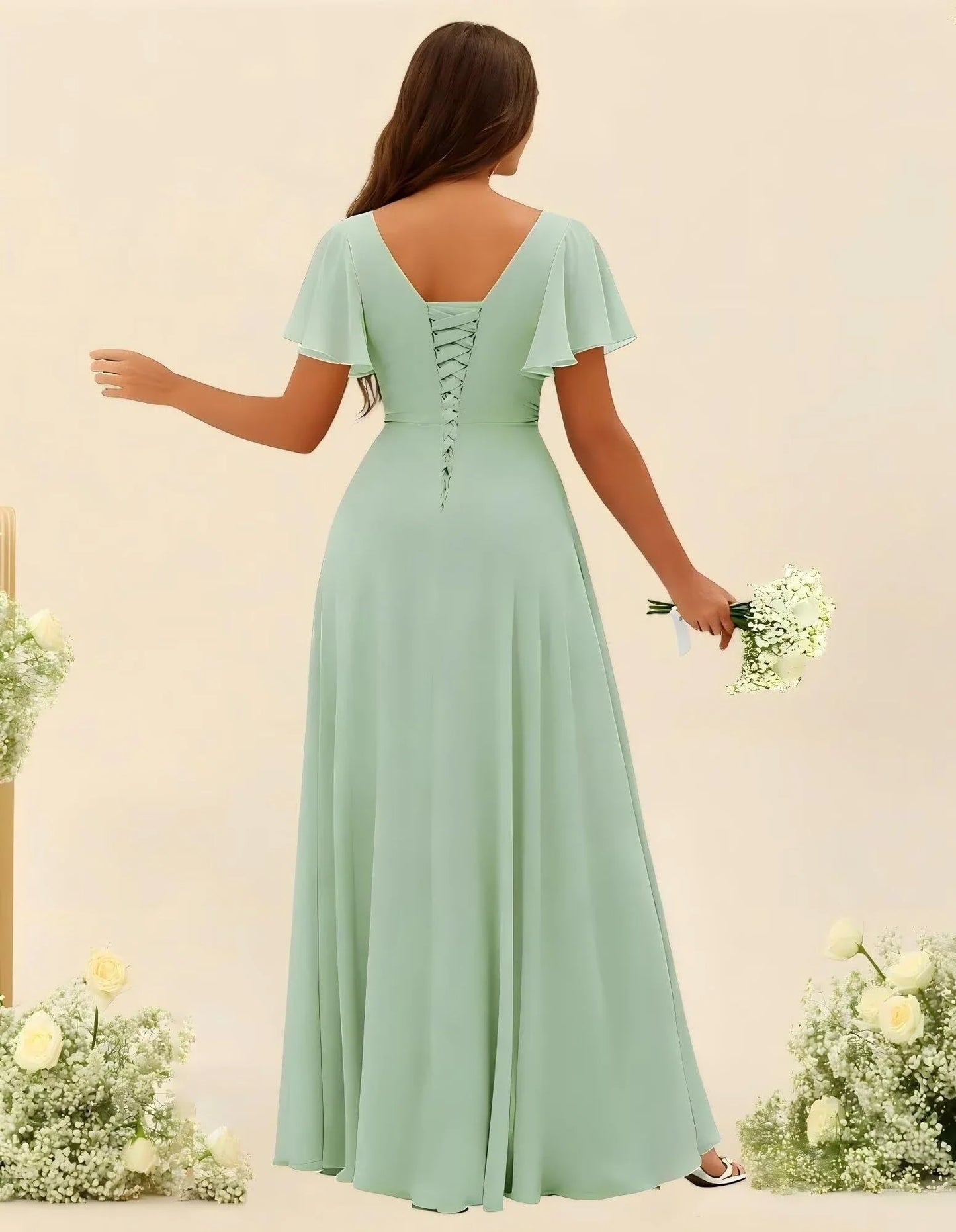 Elegant A-Line V-Neck Flutter-Sleeve Crisscross-Lace-Up-Back High-Slit Maxi Evening Dress