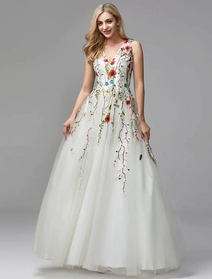Full view of the elegant white A-line dress with intricate lace appliques.