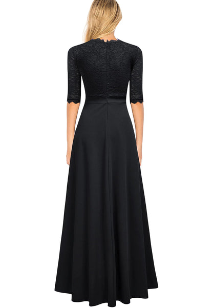 Elegant A-Line V-Neck Lace-Sleeve Zip-Back Maxi Evening Dress