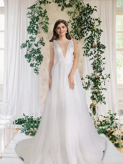 Elegant A-Line V-neck wedding dress with lace and tulle, featuring a court train and sequin details.