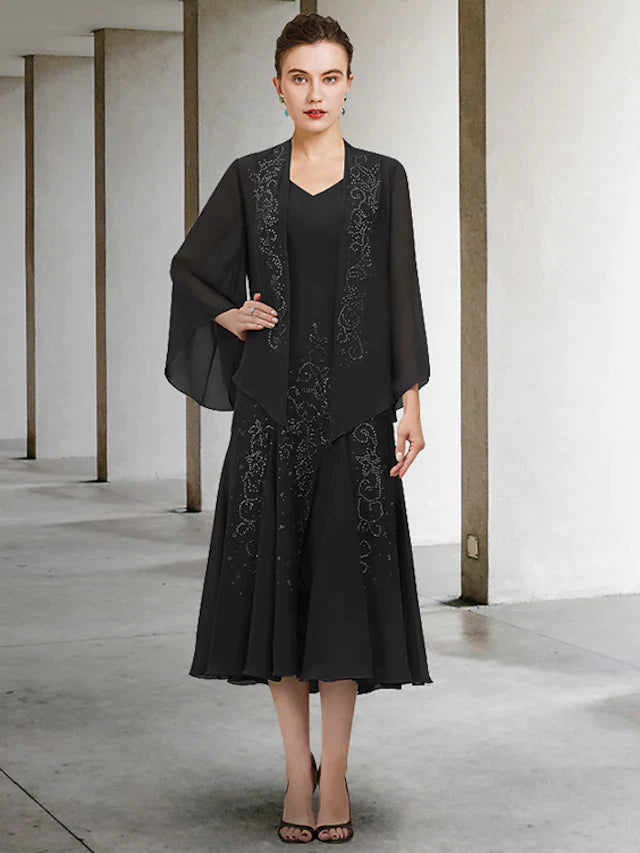 Elegant two-piece A-line mother of the bride dress with V-neck, long sleeves, and beading.