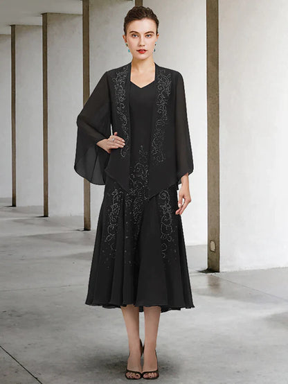Elegant two-piece A-line mother of the bride dress with V-neck, long sleeves, and beading.