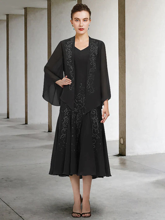 Elegant two-piece A-line mother of the bride dress with V-neck, long sleeves, and beading.