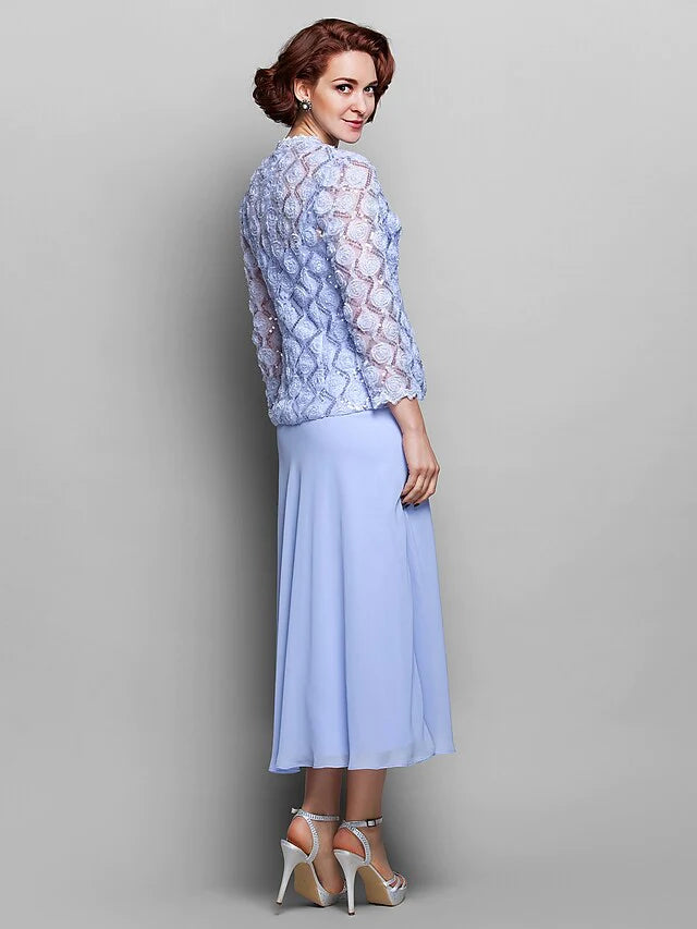 Side view of the long sleeve chiffon and lace mother of the bride dress.