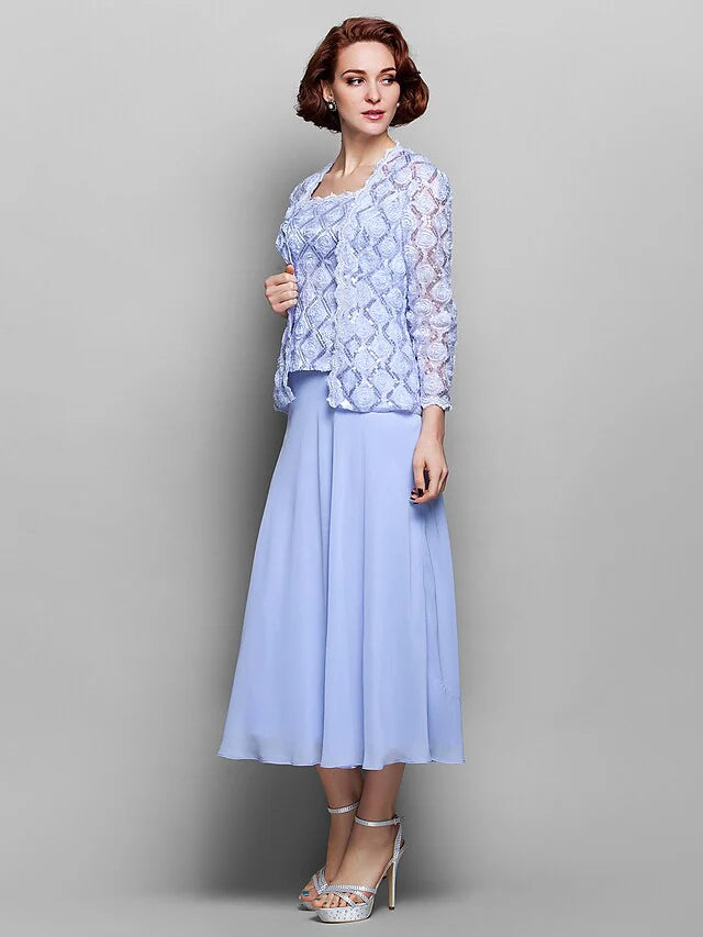 Back view of the tea-length formal dress with delicate lace.