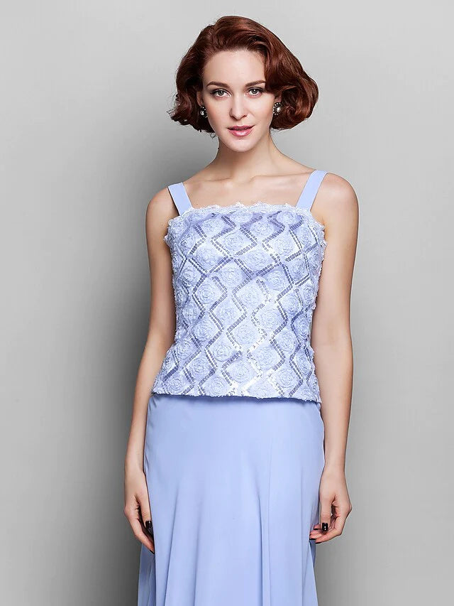 Model showcasing the flowing silhouette of the tea-length mother of the bride gown.