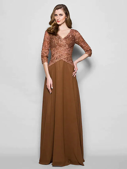 A-Line Mother of the Bride dress with V-neck, long sleeves, lace, and beading, front view.