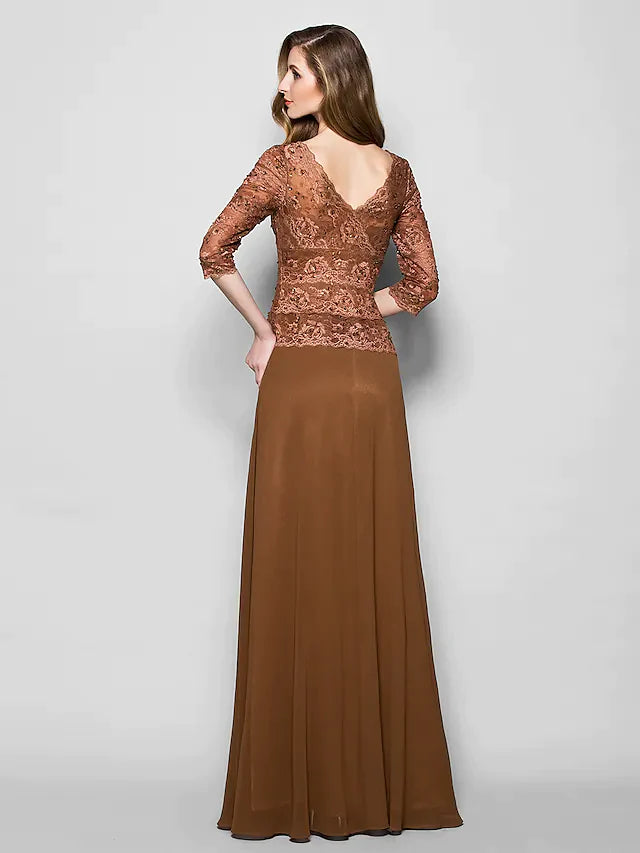 Side view of A-Line Mother of the Bride dress, showcasing lace sleeves and flowing georgette skirt.