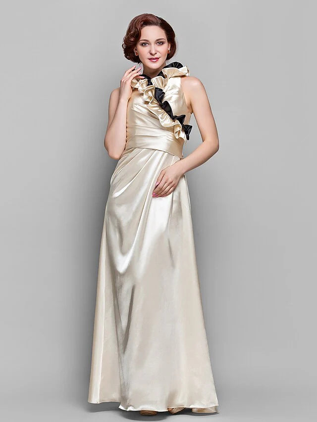 Elegant A-Line Mother of the Bride dress in navy blue with V-neck, long sleeves, and side draping.