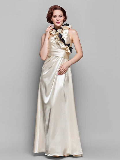 Elegant A-Line Mother of the Bride dress in navy blue with V-neck, long sleeves, and side draping.