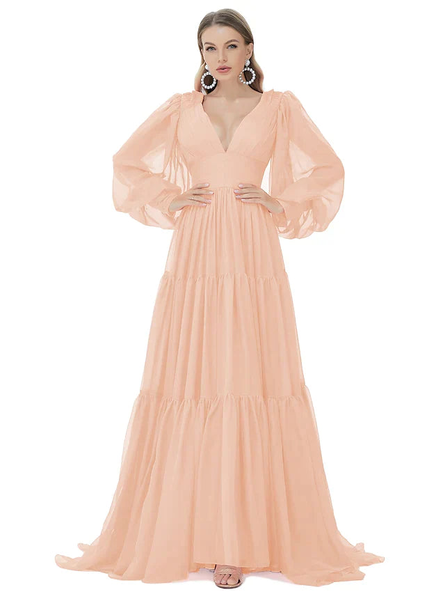 Elegant blue A-line V-neck long sleeve chiffon gown with ruched details.