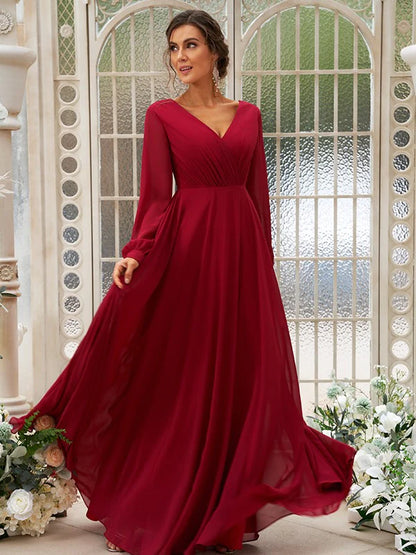 Model wearing an elegant light blue A-line chiffon bridesmaid dress.