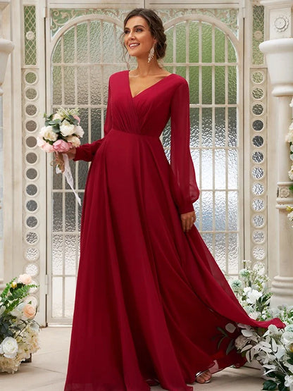Front view of light blue A-line bridesmaid dress, highlighting V-neck and ruched bodice.