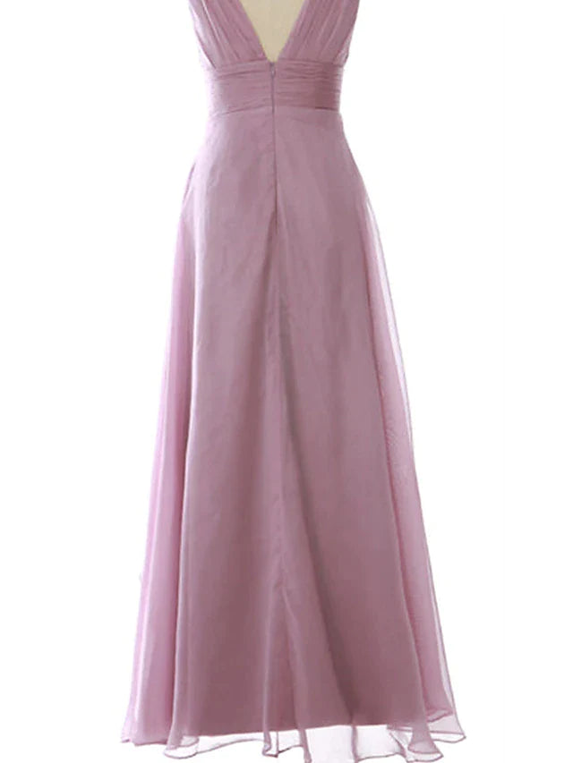 Side view of the A-line floor-length dress, highlighting the ruched bodice.