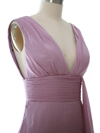Back view of the sleeveless V-neck chiffon dress.