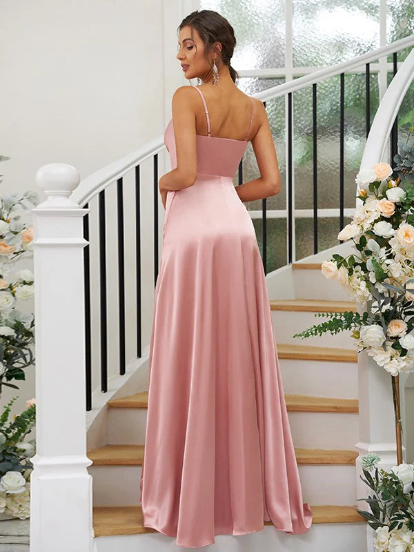 Back view of the pink A-line V-neck ruched bridesmaid dress.