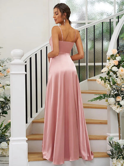 Back view of the pink A-line V-neck ruched bridesmaid dress.