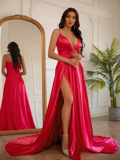 Elegant A-line V-neck ruched silk-like satin prom dress on a model.