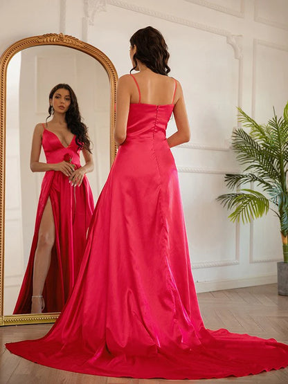 Side view of the A-line V-neck ruched silk-like satin prom dress.