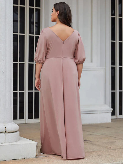 Model in a green A-line V-neck ruched stretch satin bridesmaid dress, side view.