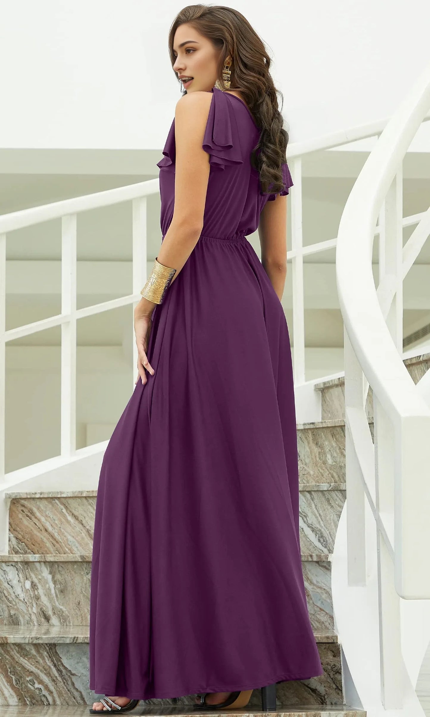 Elegant A-Line V-Neck Ruffle Sleeve Elastic Back Maxi Bridesmaid Dresses