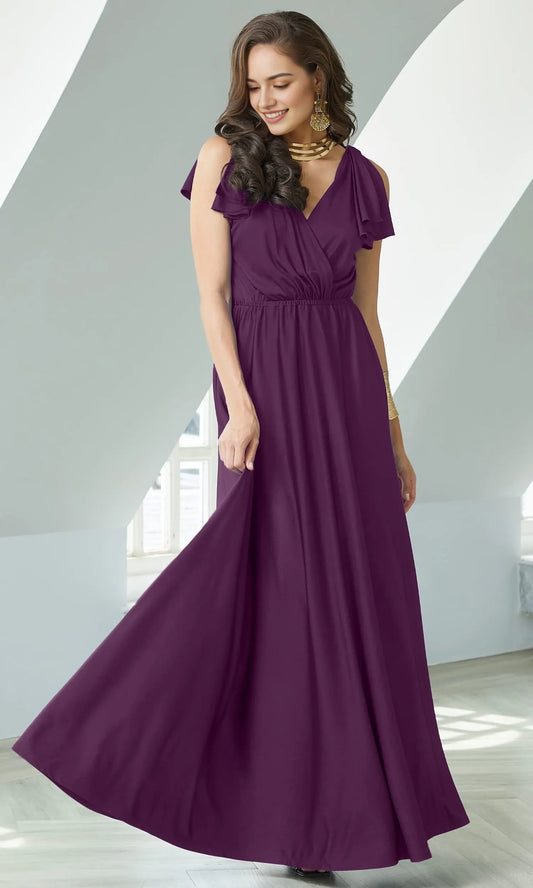 Elegant A-Line V-Neck Ruffle Sleeve Elastic Back Maxi Bridesmaid Dresses