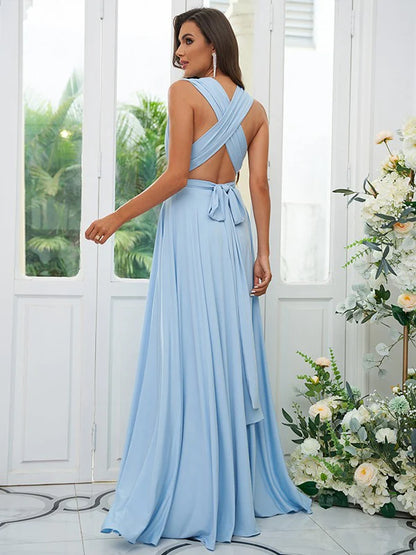 Bridesmaid posing in a graceful A-Line V-Neck ruffled sleeveless gown.