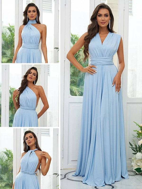 Close-up of the V-Neckline and delicate ruffles on the A-Line bridesmaid dress.
