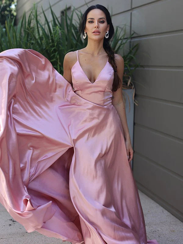 Front view of an elegant A-line V-neck ruffled sleeveless dress in silk-like satin.