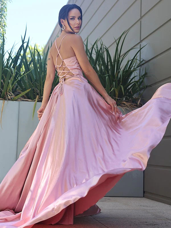 Side view of an A-line V-neck ruffled sleeveless dress, highlighting the satin fabric.