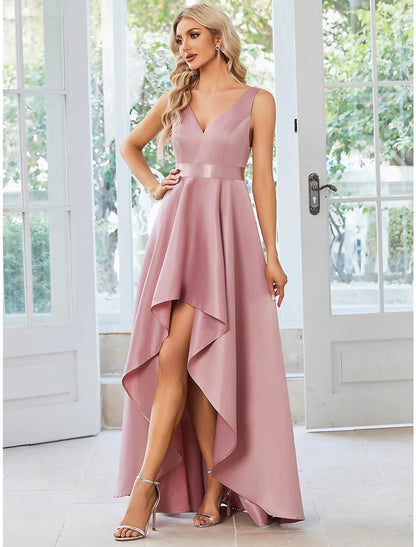 Model walking, showcasing the back of the A-line V-neck sleeveless satin ruffle midi dress.