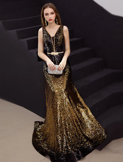 Model wearing an elegant A-line V-neck satin sequin floor-length dress.