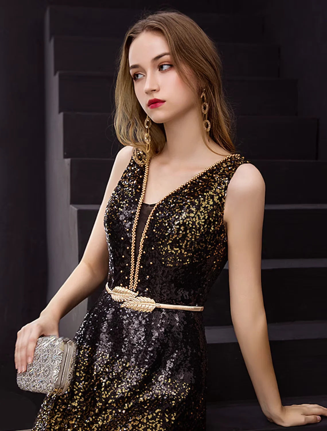 Full view of the satin sequin A-line dress with a V-neckline.