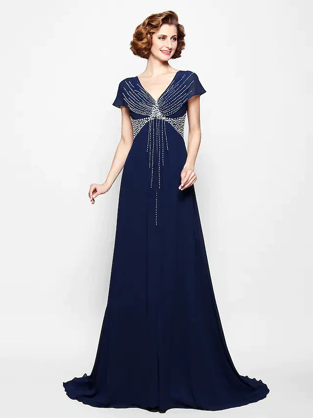 Elegant A-line mother of the bride dress with V-neck and short sleeves.