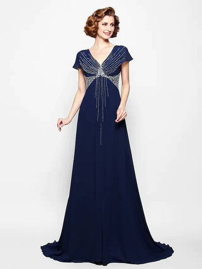 Elegant A-line mother of the bride dress with V-neck and short sleeves.