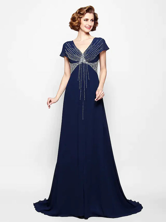 Elegant A-line mother of the bride dress with V-neck and short sleeves.