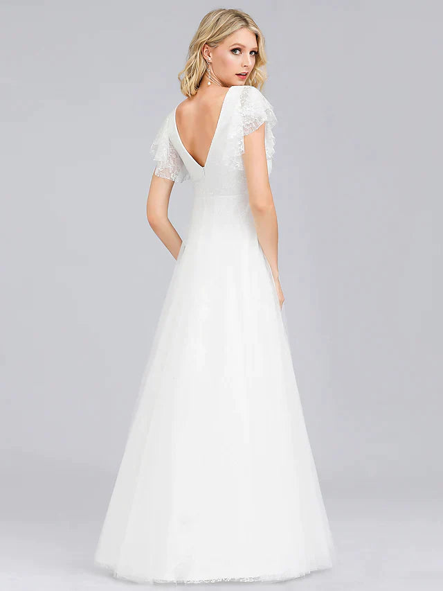 Full length view of an A-line V-neck short sleeve wedding dress.