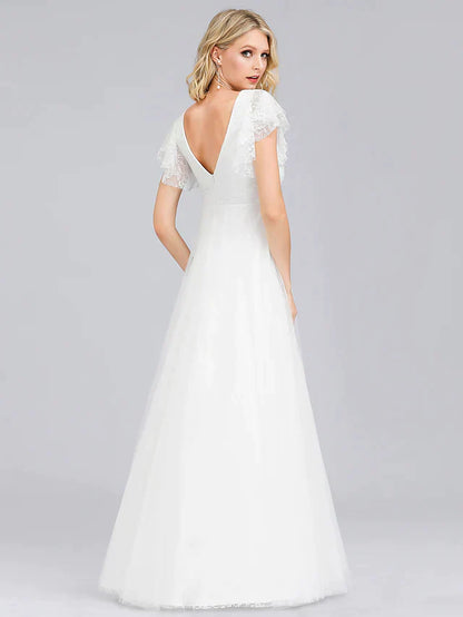 Full length view of an A-line V-neck short sleeve wedding dress.