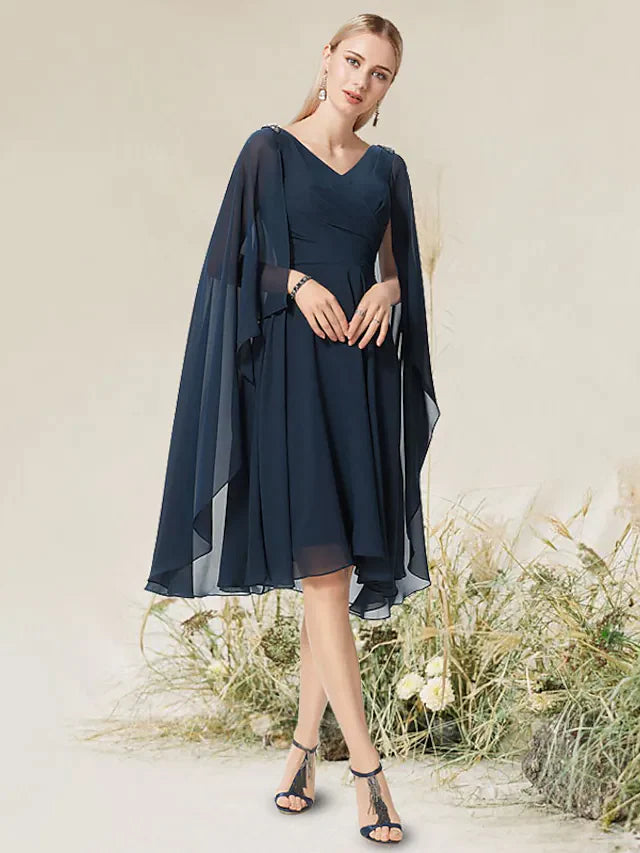 Elegant A-line V-neck short sleeve knee-length dress with chiffon lace and beading, front view.