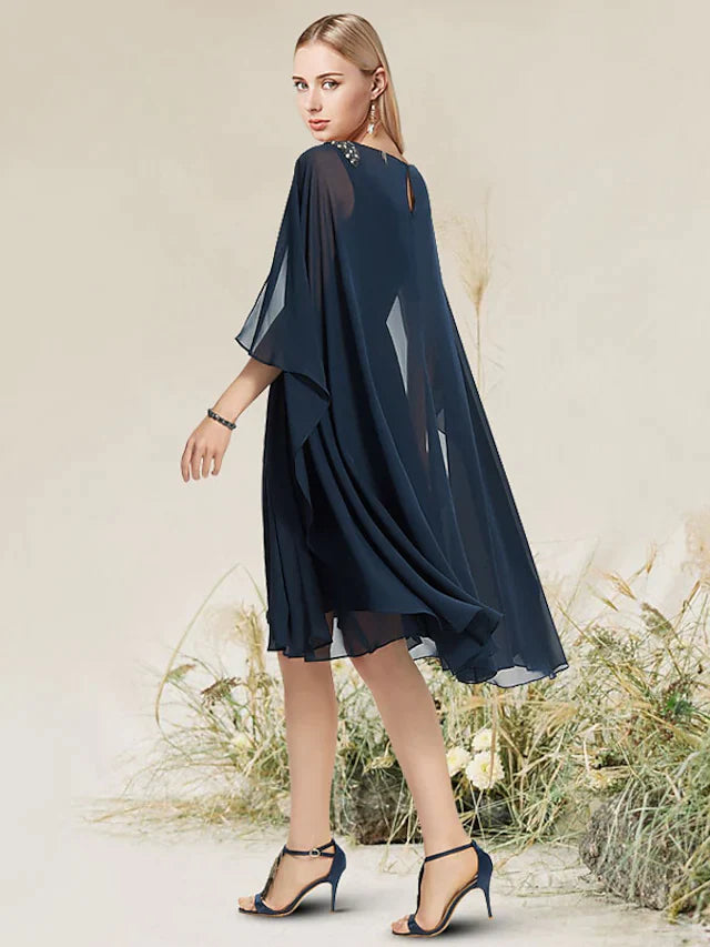 Side view of a woman wearing the A-line V-neck short sleeve chiffon lace cocktail dress.