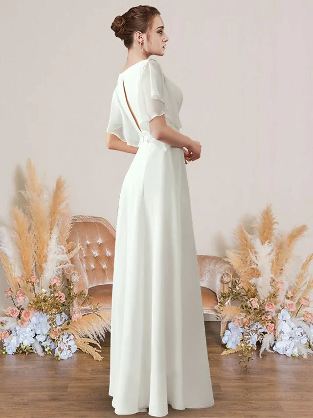 Back view of the A-Line V-neck short sleeve wedding dress, showing appliques.