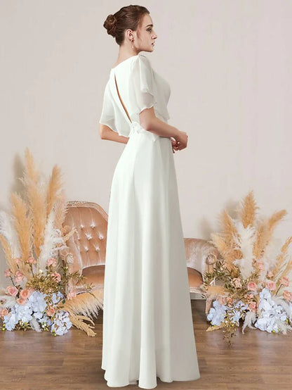 Back view of the A-Line V-neck short sleeve wedding dress, showing appliques.