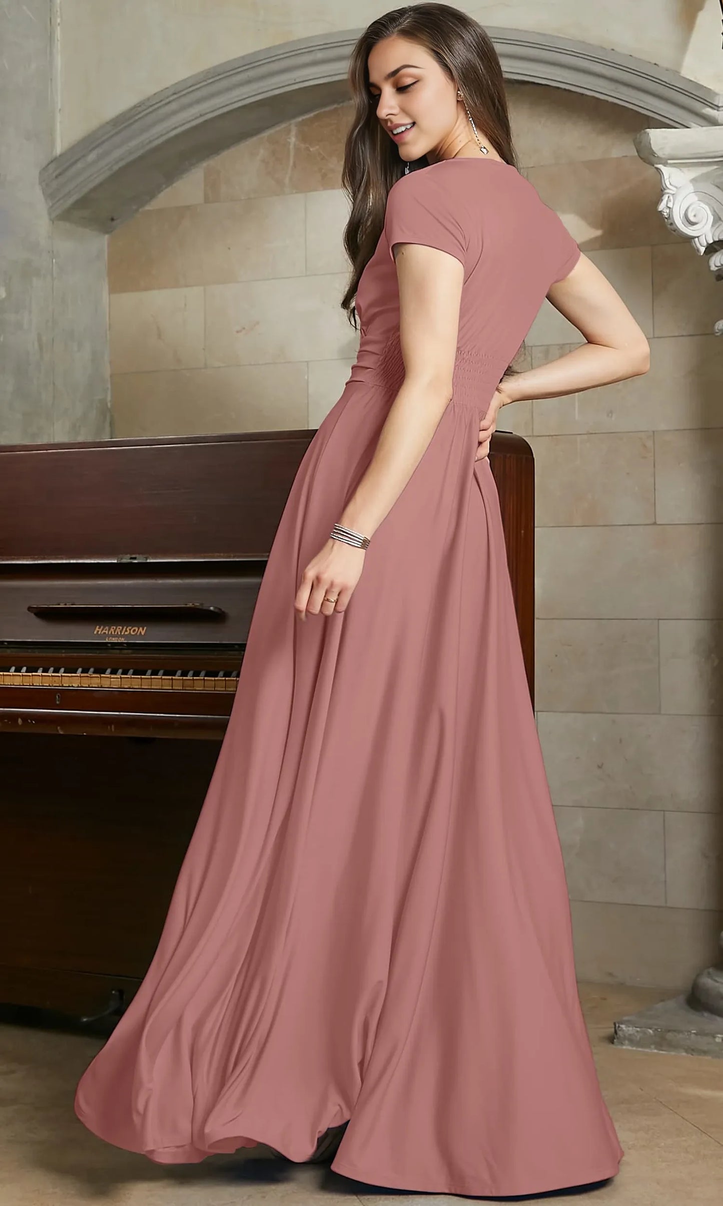 Elegant A - Line V - Neck Short Sleeve Elastic - Back Floor - Length Evening Dress