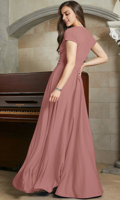 Elegant A - Line V - Neck Short Sleeve Elastic - Back Floor - Length Evening Dress
