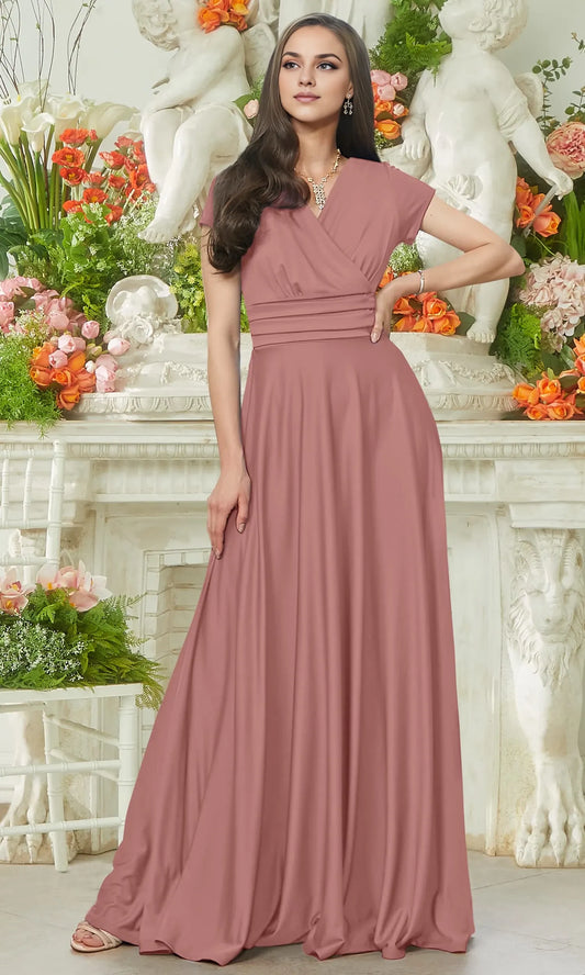Elegant A - Line V - Neck Short Sleeve Elastic - Back Floor - Length Evening Dress