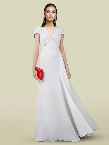 Elegant A-line V-neck short sleeve Mother of the Bride dress with pleats.