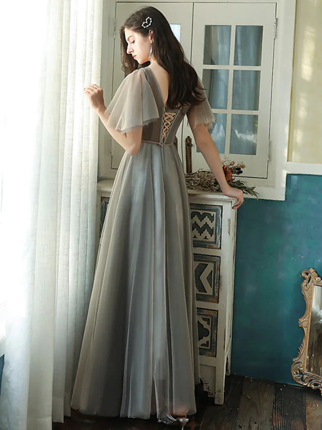 Back view of an A-Line V-neck short sleeve bridesmaid dress.